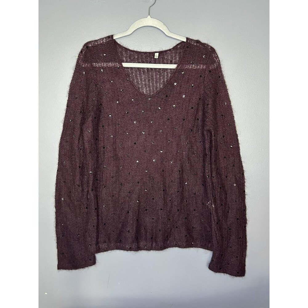 Sequin Mohair Blend Sweater Womens L Purple Fuzzy‎ Sheer Layer Plum V Pullover